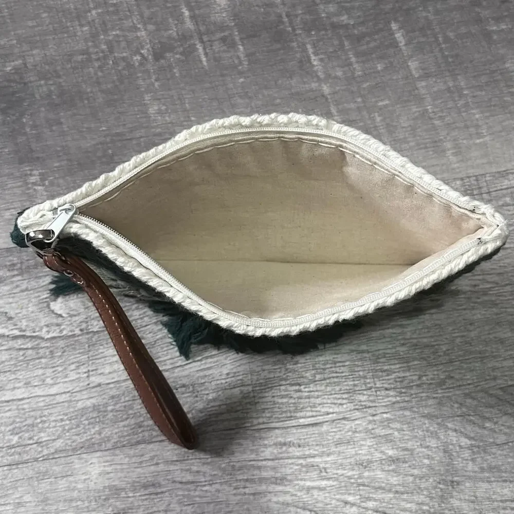 June + Rya Handwoven Boho Small Clutch Bag W/ Hand Strap Zippered Green Cotton